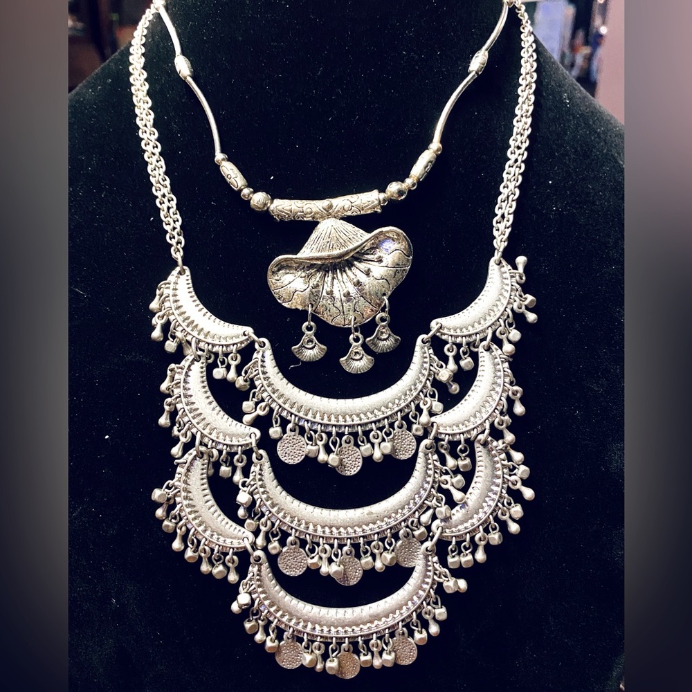 Bundle/lot of 2: Tibetan Silver Boho Fringe Coin Lily Statement Necklace